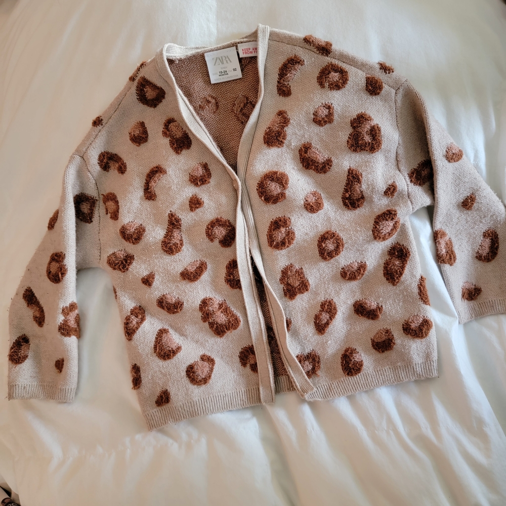 Zara Kids Beige and Brown Leopard Print Cardigan